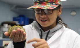 Student holding a sea urchin