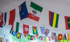 Banner or international flags hanging from ceiling