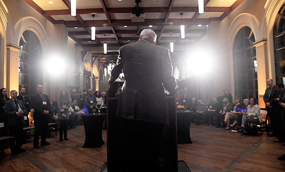 Rod MacLennan addressing guests in Shirreff Hall