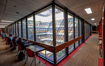 Photo of study desks along a bank of windows that overlook the Killam Library atrium.