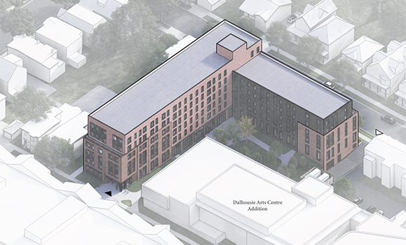 aerial drawing of the new L-shaped residence