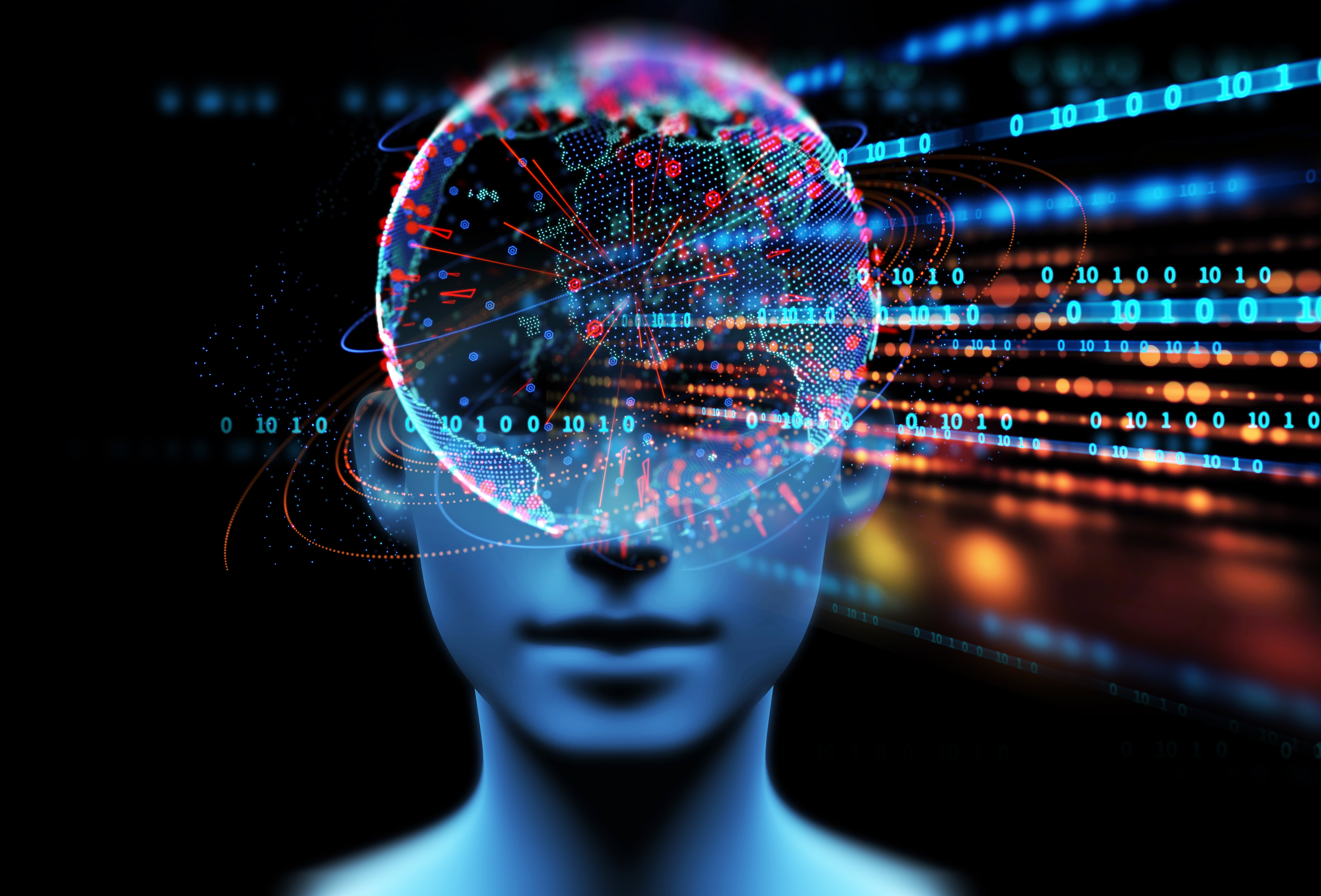 Digital illustration of a human face overlaid with glowing data networks and streams of code, representing artificial intelligence and technology.