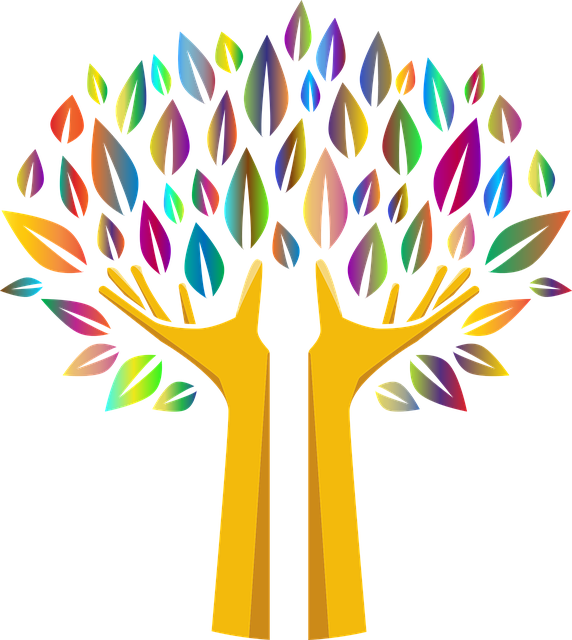 graphic of a tree with rainbow coloured leaves