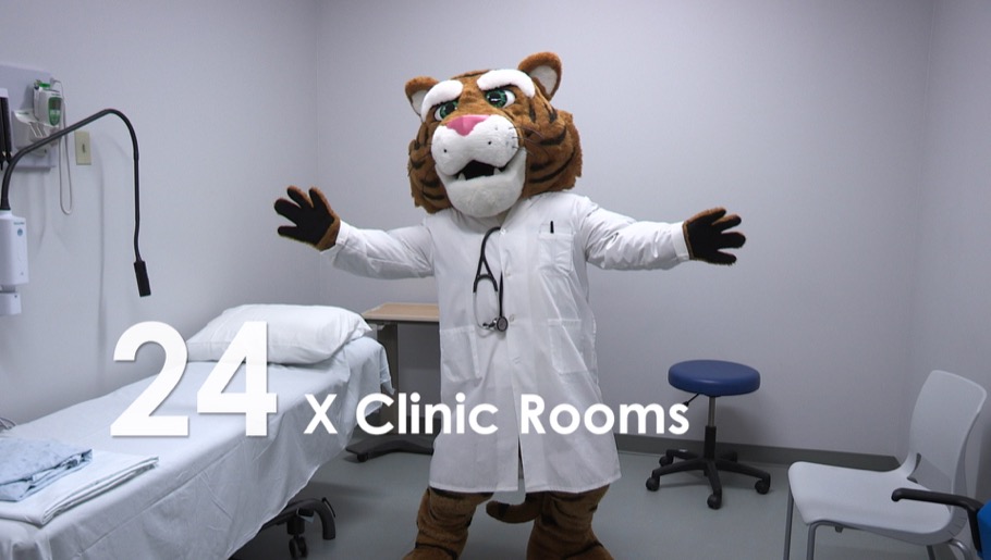 Tiger mascot in a clinic room
