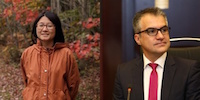 A composite of two photos. Photo one shows Stella Bae standing in a forest with brightly coloured leaves on the trees behind her. She is wearing an orange coat and glasses. Photo two shows Amir Alavi sitting in a meeting room, wearing a suit with a red tie and glasses.