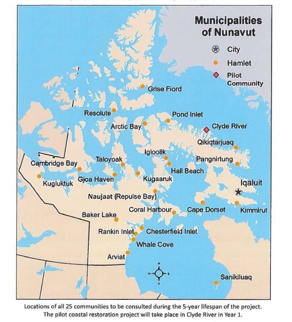 Map showing Nunavut's coastal communities.