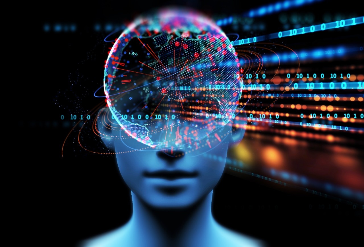 Digital illustration of a human face overlaid with glowing data networks and streams of code, representing artificial intelligence and technology.