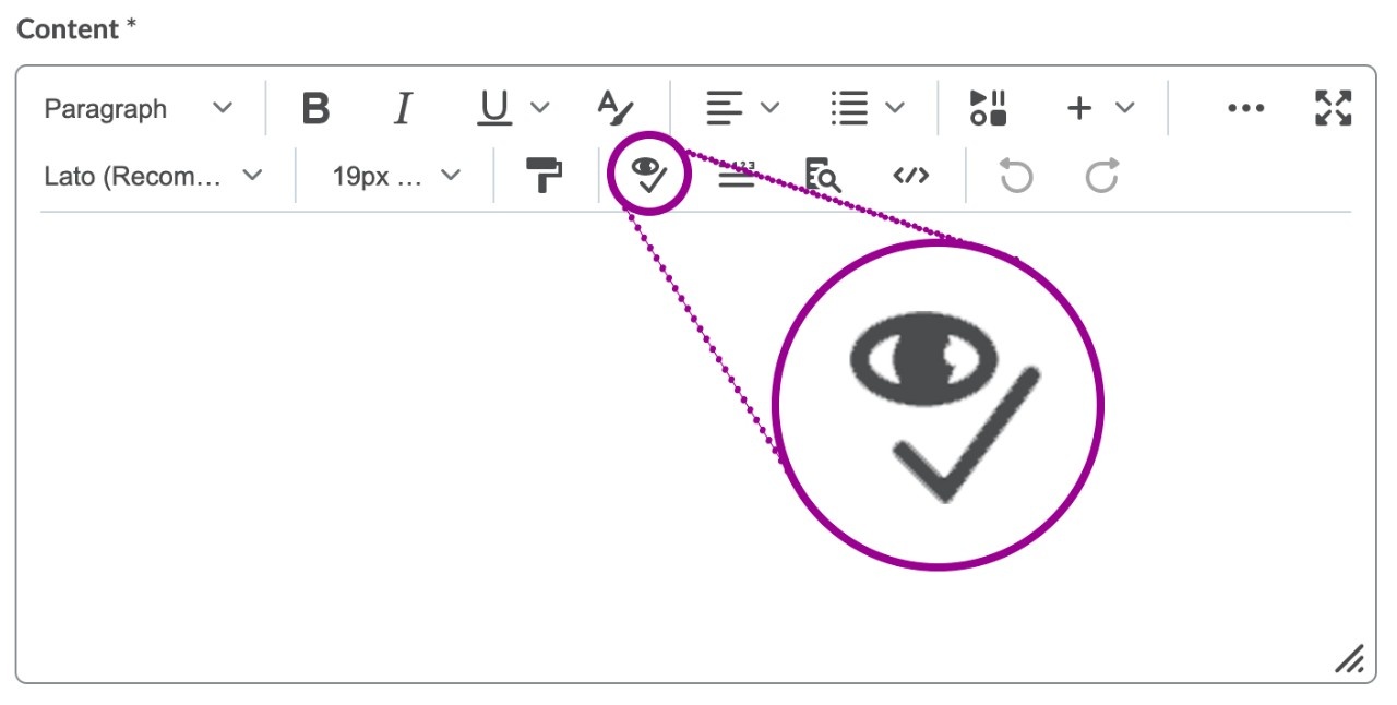 Accessibility Checker icon of a Brightspace content box consists of an eye with a checkmark.