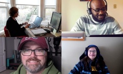 Image of four of Dalhousie's instructional technologists providing Brightspace support from their homes. Links to virtual support room in Bb Collaborate.