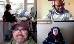 Image of four of Dalhousie's instructional technologists providing Brightspace support from their homes. Links to virtual support room in Bb Collaborate.
