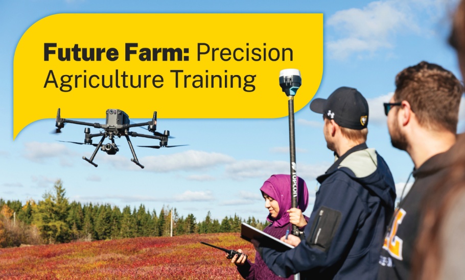 Future Farm: Precision Agriculture Training. Students flying a drone.