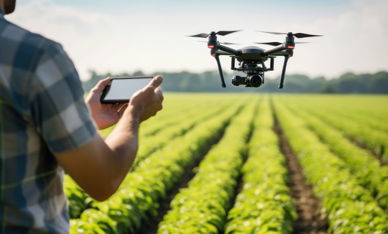 Man flying drone over field Man flying drone over field