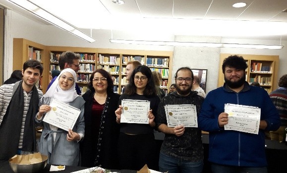 The winners of the Prize for the best performance in a living language, at the Pythian Games 2019. From the left: Ismail Ahmad, Dana Melli, (Rodica), Jowana Elahmar, Mohand Alasi, and Bashir Bietar.