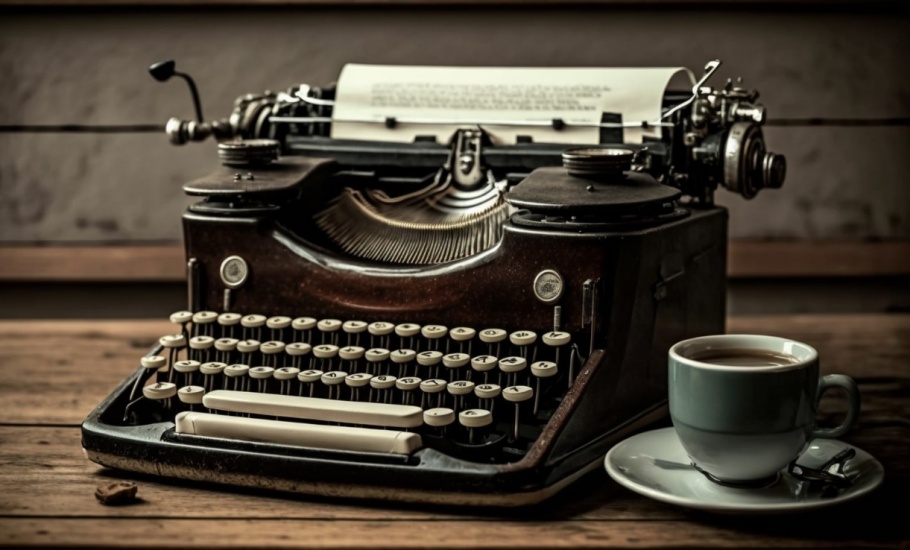 Antique typewriter on rustic table with paper ,generative AI
