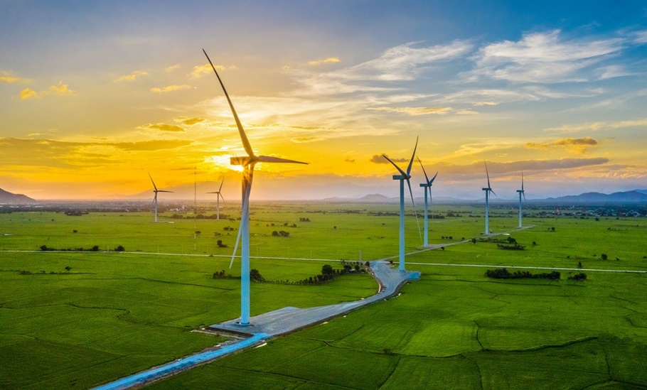 Landscape with Turbine Green Energy Electricity, Windmill for electric power production, Wind turbines generating electricity on rice field at Phan Rang, Ninh Thuan, Vietnam. Clean energy concept.