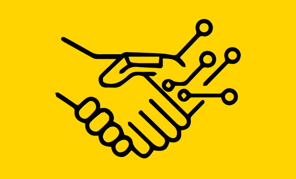 Doodle of human hand shaking hands with circuit hand