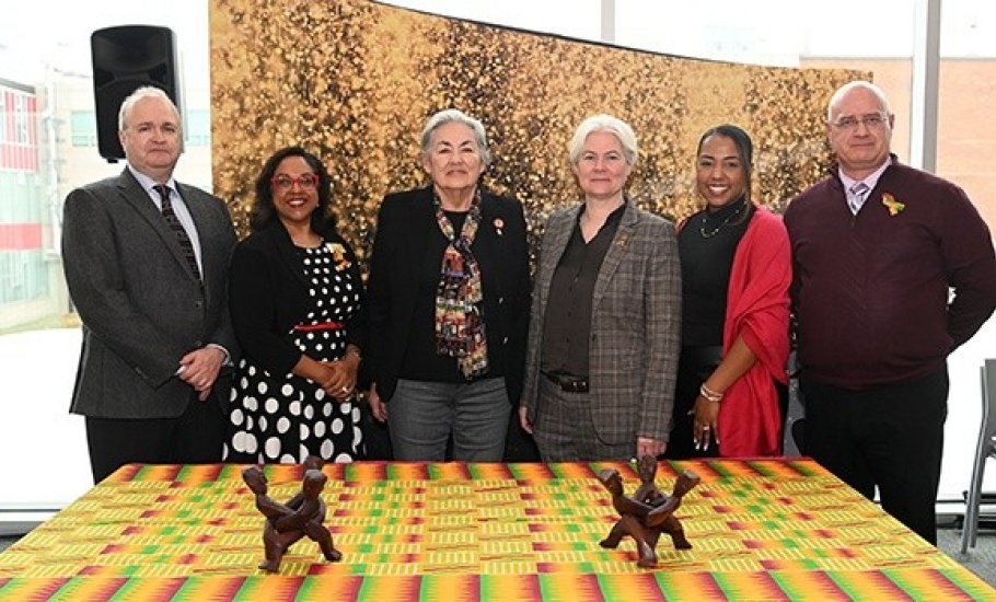 L-R: Johnson Scholarship Foundation's David Blaikie, Faculty of Engineering Assistant Dean Sherida Hassanali, Johnson Scholarship Foundation's Sherry Salway-Black, Dal President Kim Brooks, PREP Academy Founder Ashley Hill, and Faculty of Engineering Dean John Newhook. (Danny Abriel photos)