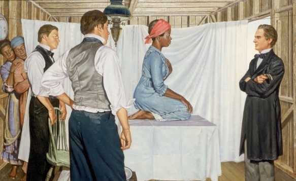 "J. Marion Sims: Gynecological Surgeon," from “The History of Medicine,” by Robert Thom, circa 1952. Archived at the University of Michigan. All 45 images available on Imgur. Shown is the slave Anarcha.
