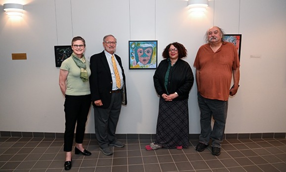 L-R: Law School Dean Sarah Harding, Allan Silverman, Dal Art Gallery Curator Pamela Edmonds, and artist Alan Syliboy.