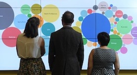 Three management students stand with their backs to the camrera, looking up at a data wall that shows a visualization of data.