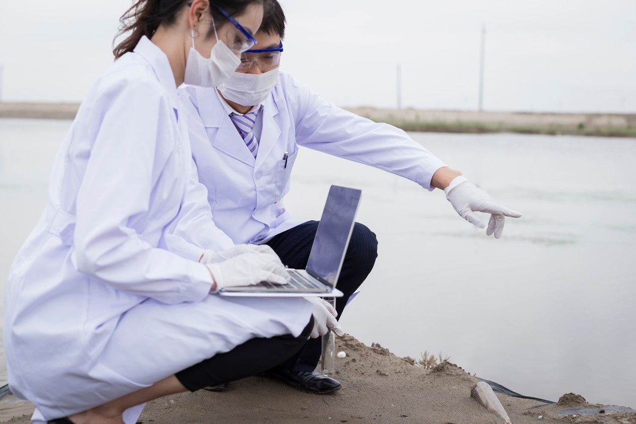 Two workers in the field recording data on their computer.