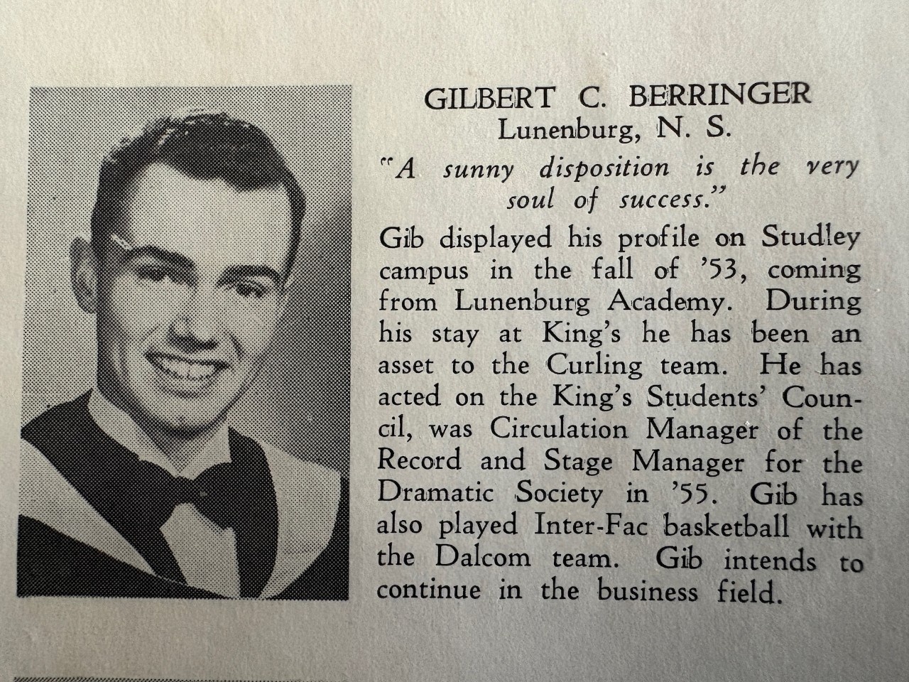 A yearbook photo of Gil with quote "a sunny disposition is the very soul of success."