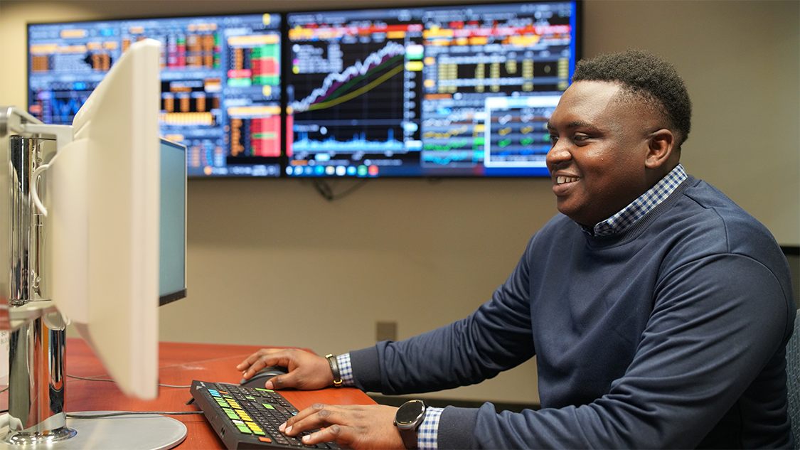 A student uses a Bloomberg terminal in the Douglas C. Mackay Finance Lab. A student uses a Bloomberg terminal in the Douglas C. Mackay Finance Lab.