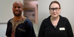 Compostite photo of Javiere, a black man dressed in a black shirt with kente coloured accents, and Bella, an Indigenous women wearing glasses, beaded earrings, and a black jacket.