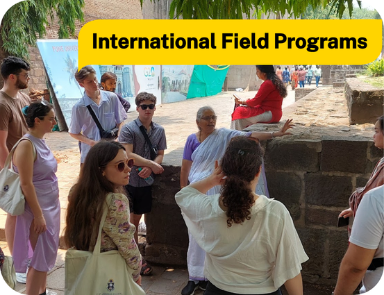 A group of students face a woman in a sari in front of a stone building. Text: international field courses.