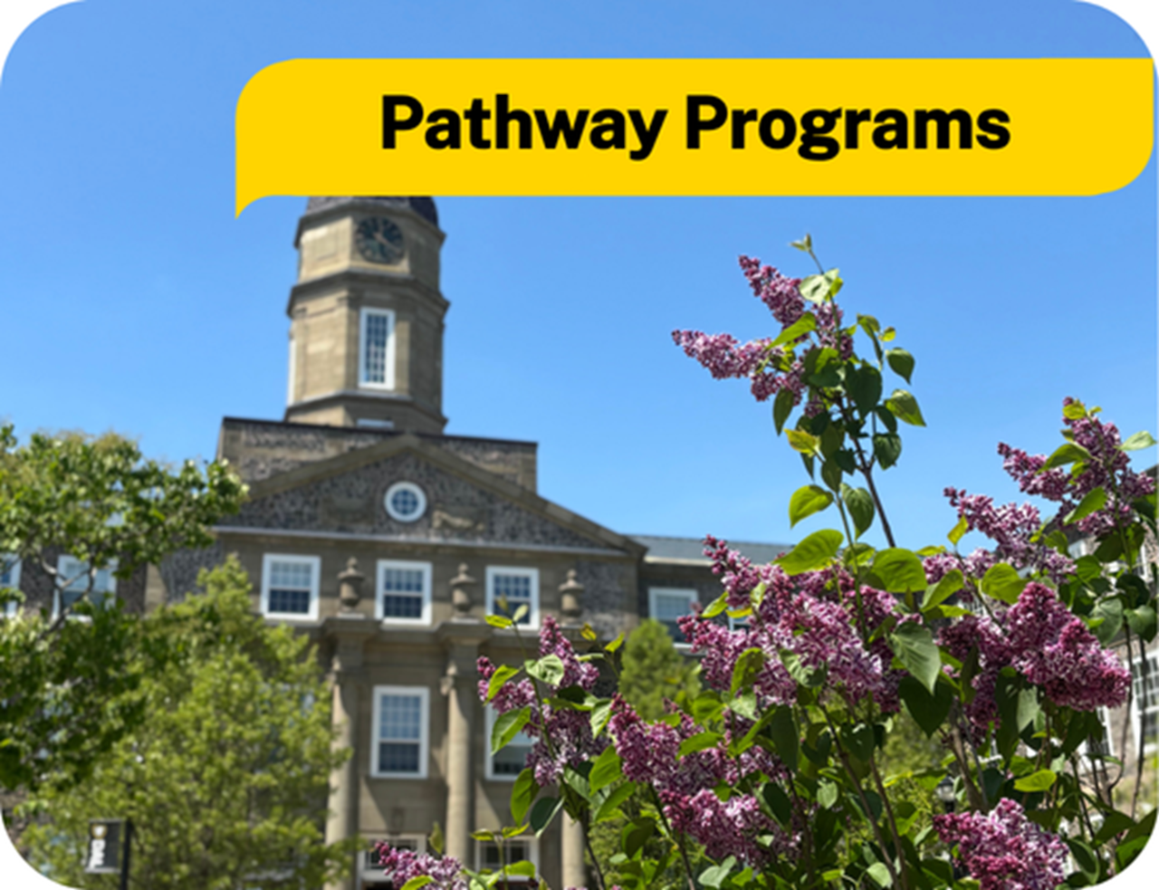 A brick building with trees in front and blue sky behind. Text: pathway programs.