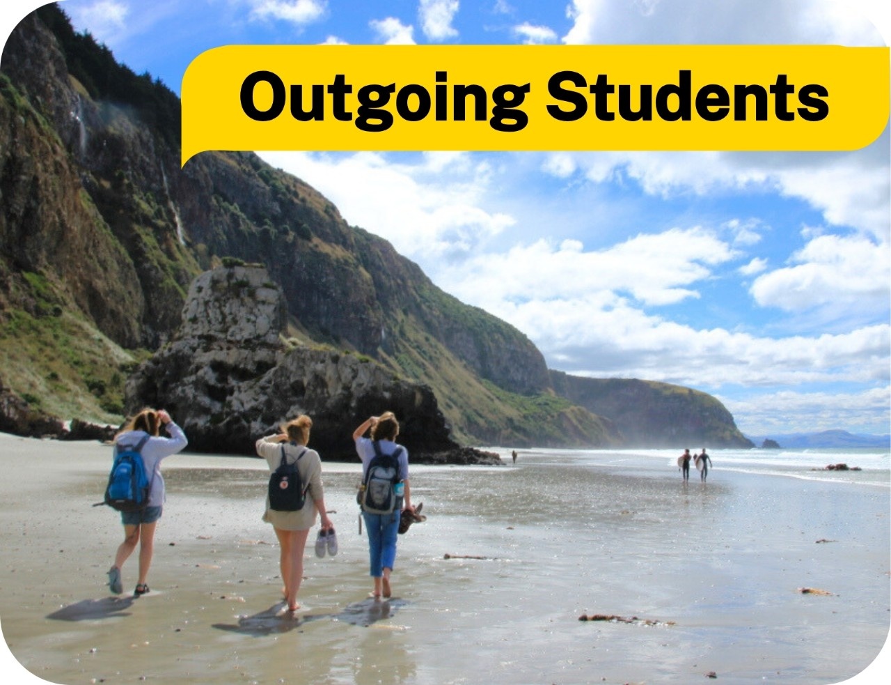 Students on a sandy beach with tall cliffs, walking towards the ocean. Text: outgoing students.