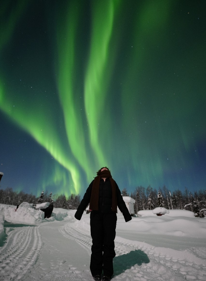 a person looking up at northern lights