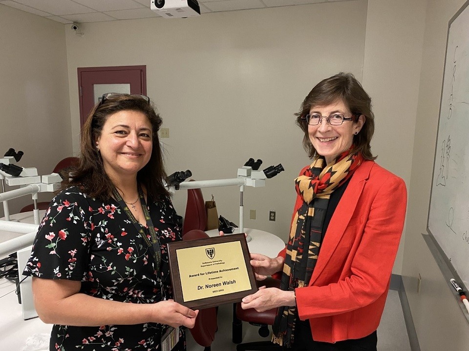Department Head Dr. Irene Sadek presents Dr. Noreen Walsh with the inaugural Award for Lifetime Achievement.