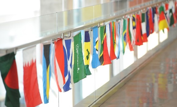 International banners on walkway bannister