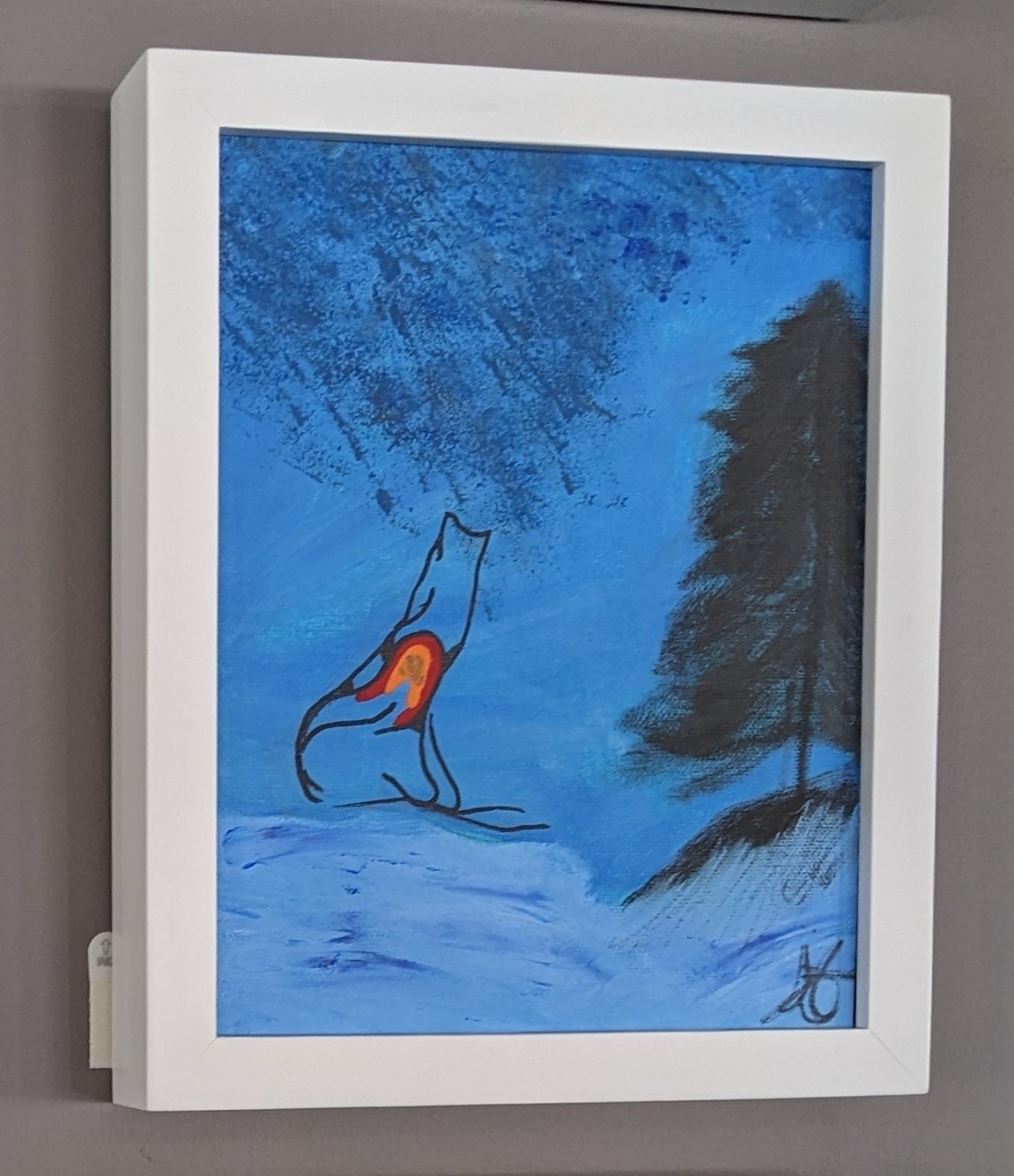 A painting of a stylized wolf howling into a snowy night.