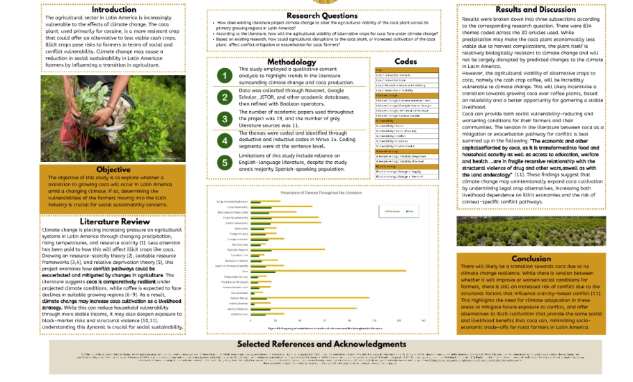 A poster illustrating Naomi Black's thesis project "A Bump in Sustainability: Climate Change's Effects on Coca Plant Farming". Link to thesis summary and full text in DalSpace below.