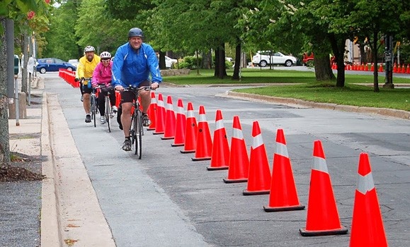 Cyclists take the temporary track for a spin. (Office of Sustainability photos) Cyclists take the temporary track for a spin. (Office of Sustainability photos)