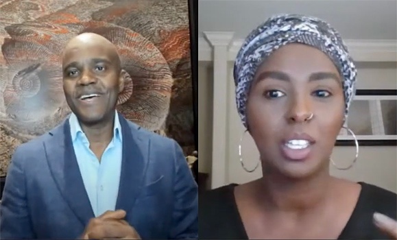 Wes Hall, left, and Dahabo Ahmed-Omer of the BlackNorth Initiative share remarks during the 2021 Shaar Shalom Lecture this week. (Screen shots) Wes Hall, left, and Dahabo Ahmed-Omer of the BlackNorth Initiative share remarks during the 2021 Shaar Shalom Lecture this week. (Screen shots)