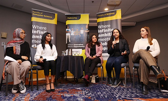 L-R: Lamisa Rahman and Harshita Pasumarthi, moderators of a Women in STEM event this week, and alumni panelists Aleysha Mullen, Leanne Lucas and Chelsea McLean. (Nick Pearce photos) L-R: Lamisa Rahman and Harshita Pasumarthi, moderators of a Women in STEM event this week, and alumni panelists Aleysha Mullen, Leanne Lucas and Chelsea McLean. (Nick Pearce photos)