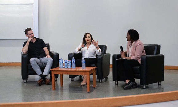 L-R: Panelists Daniel Bartek and Faten Alshazly speak with moderator Shakara Russell Joseph. (Provided photos) L-R: Panelists Daniel Bartek and Faten Alshazly speak with moderator Shakara Russell Joseph. (Provided photos)