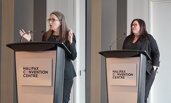 Jennifer Llewellyn (left) and Dr. Lori Wozney speaking at the announcement event for the Focused Research Investments. (Research Nova Scotia photos) Jennifer Llewellyn (left) and Dr. Lori Wozney speaking at the announcement event for the Focused Research Investments. (Research Nova Scotia photos)