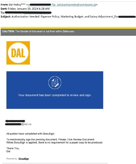 Email with a Dal graphic and a blue document graphic that reads: "All parties have completed with DocuSign. To electronically sign the pending document, Please Click Review Document. When DocuSign is applied, there is no requirement for a paper copy to be produced. Thank You, Dal"