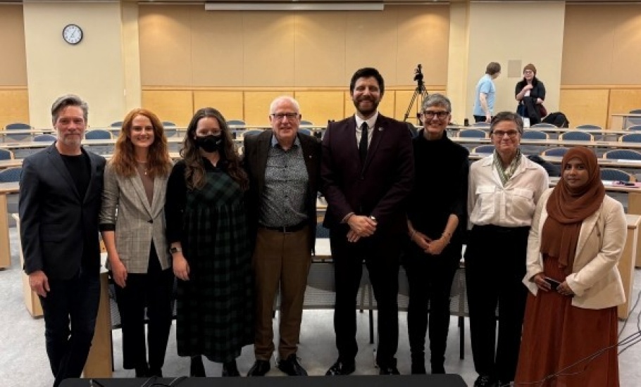 A group photo taken from the event with Alex Neve. From the left to the right: Jeff Douglas (moderator, host, CBC Mainstreet), Dr. Heather Tasker, Kristan Belanger, Alex Neve, Tareq Hadhad, Dr. Jennifer Andrews (Dean, FASS), Sarah Harding (Dean, Law), Tanha Tanjila.