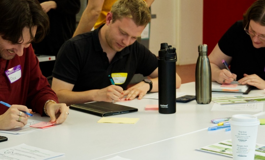 a group of people drawing and writing ideas on sticky notes